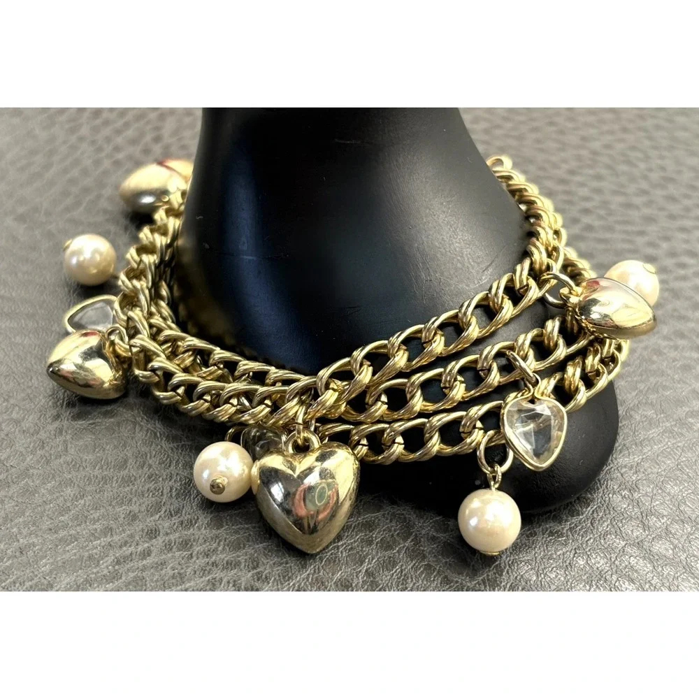 Puffy Heart Faux Pearl Station 3 Chain Link Charm Bracelet Spring Ring Closure